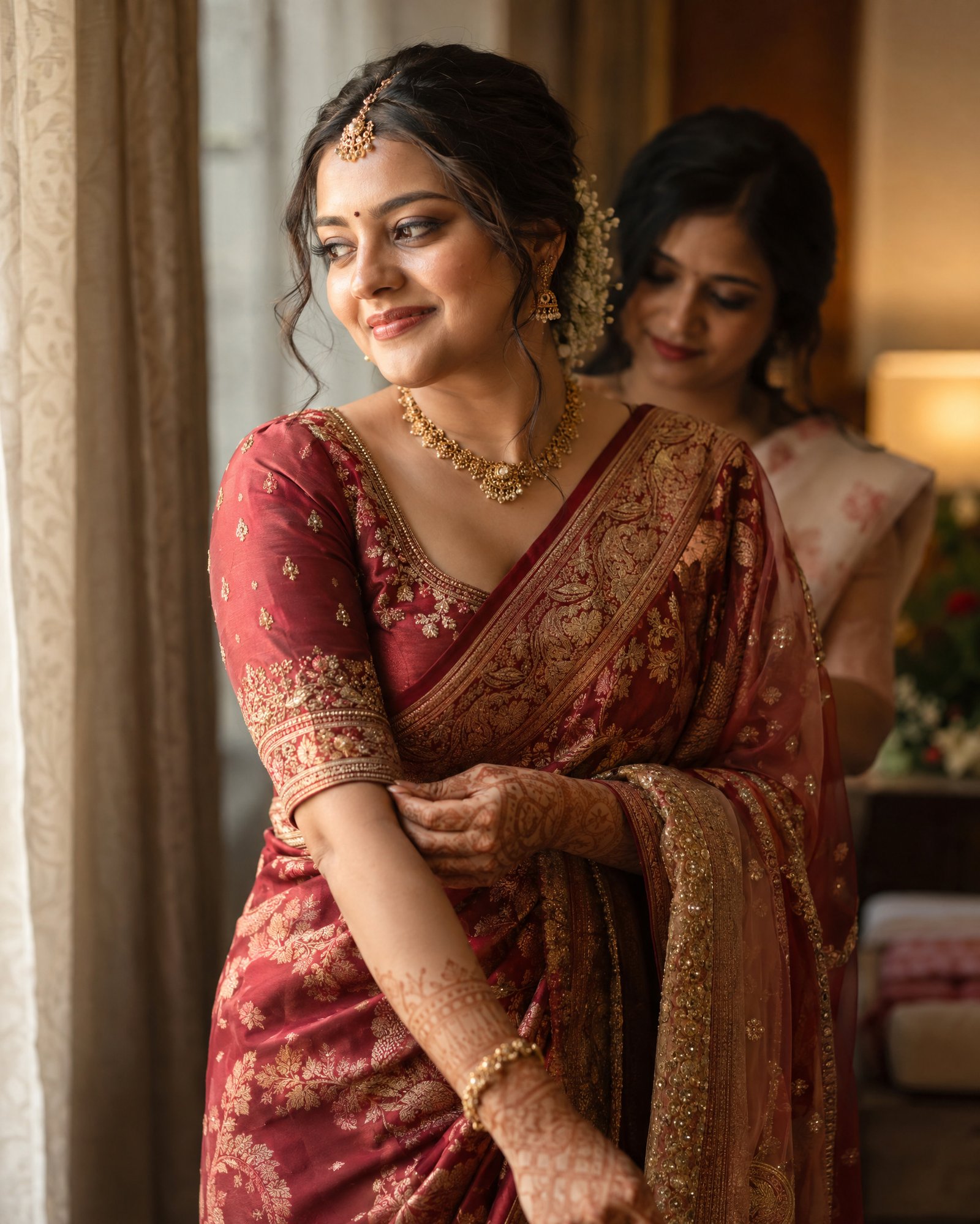 AI-generated illustrative portrait of a fictional adult Indian bride; not an Eternal Grace client image